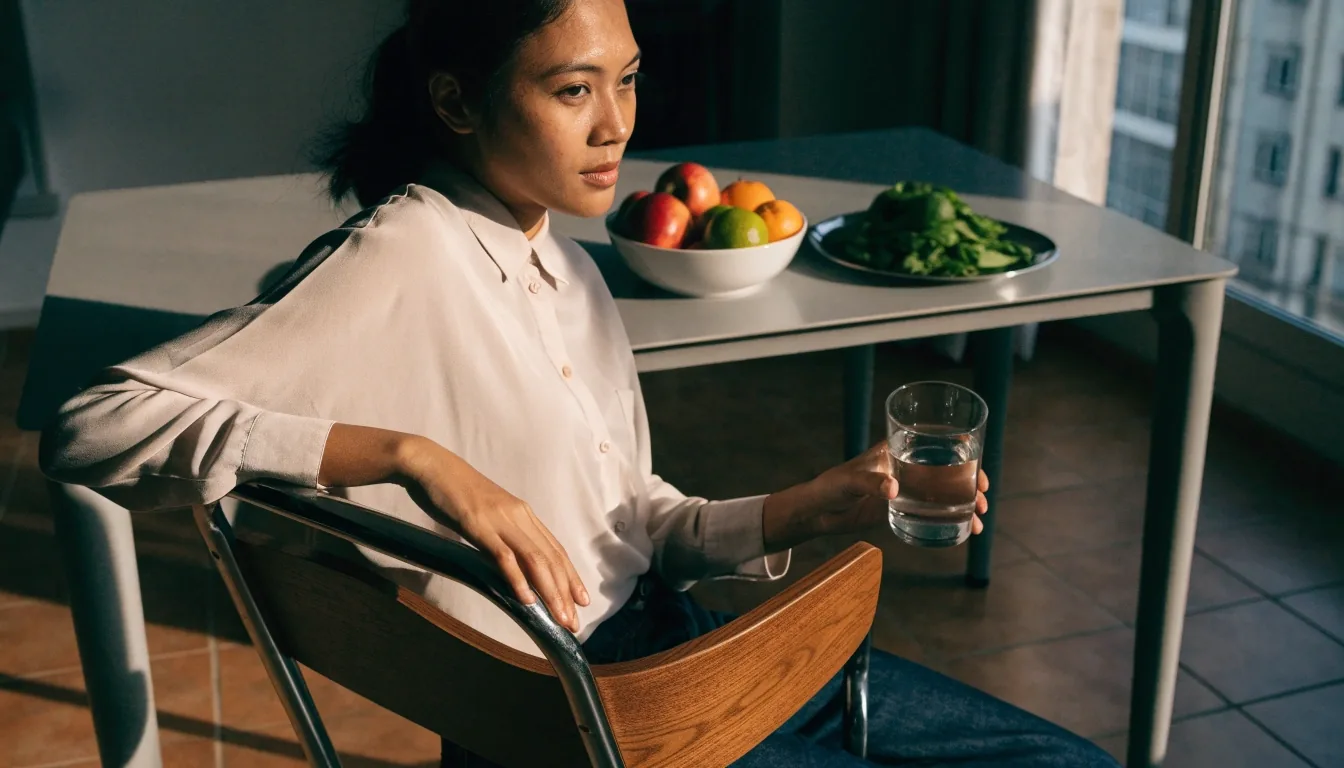 A midday dining corner in Jakarta with a set table and a chair pulled out in daylight