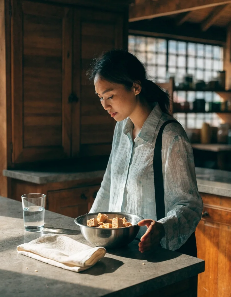 A stethoscope and a folded linen napkin on a pale stone counter in daylight