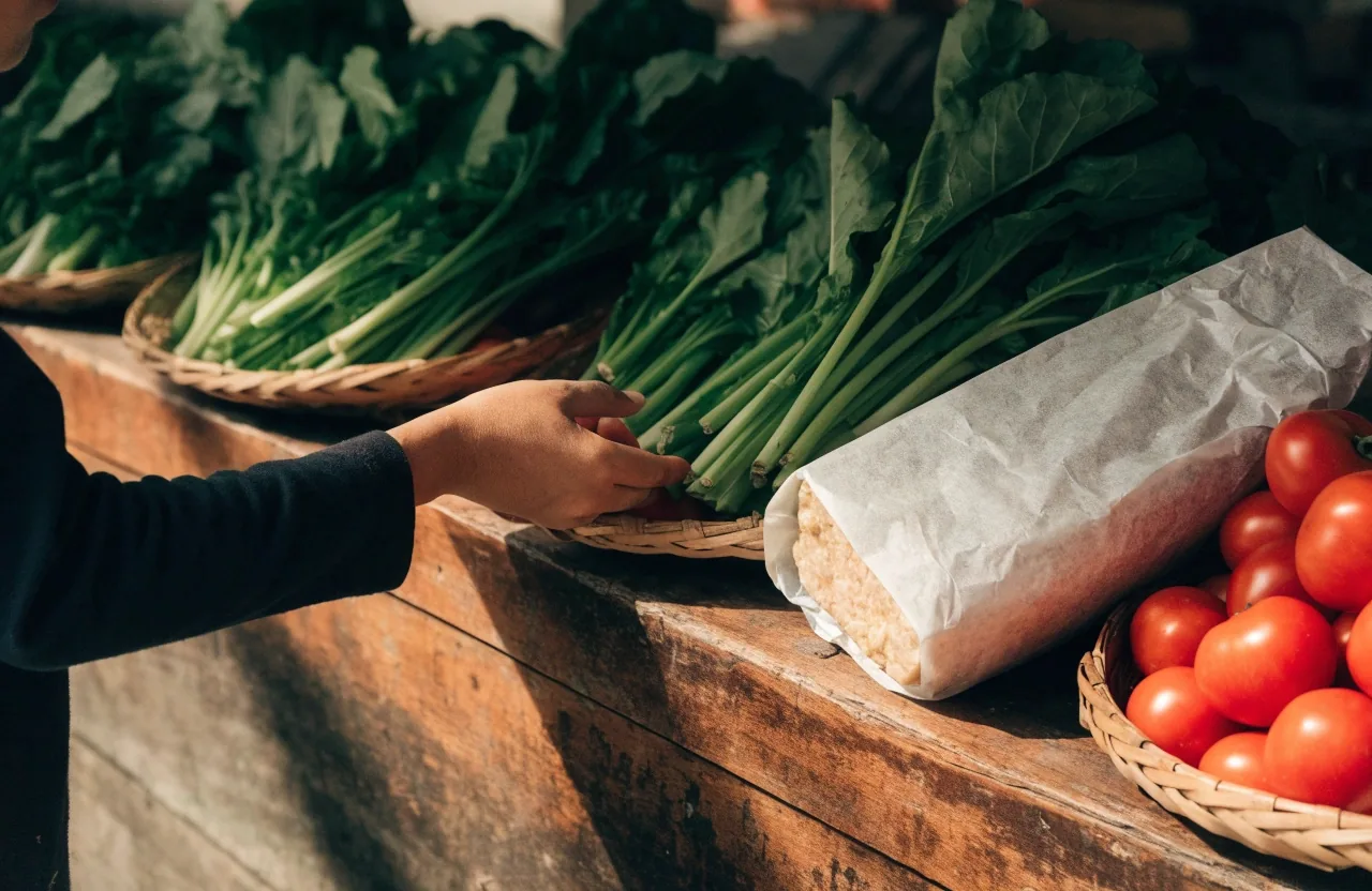 Baskets of greens, tomatoes, and fresh tempeh at a market counter with a hand selecting greens