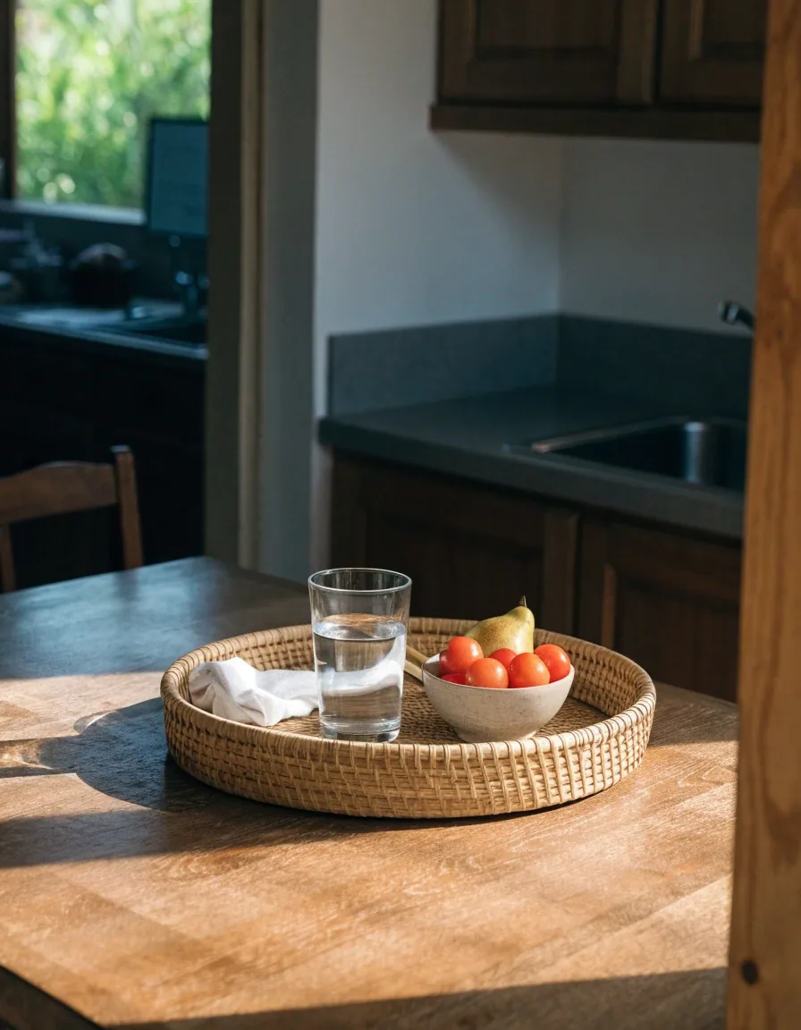 A closed plain notebook and a glass of water on a matte stone counter beside a window at noon