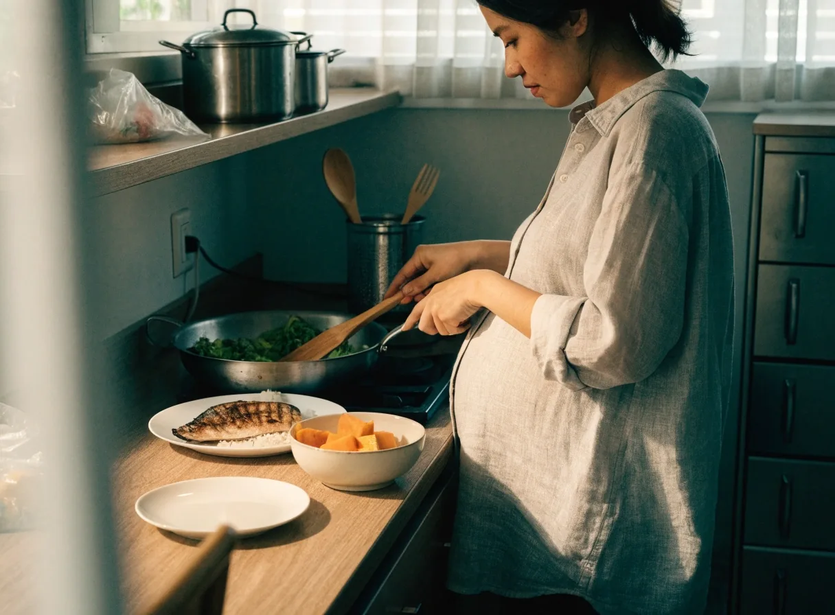 A woman preparing greens and grilled fish at a home kitchen counter with a small second plate nearby