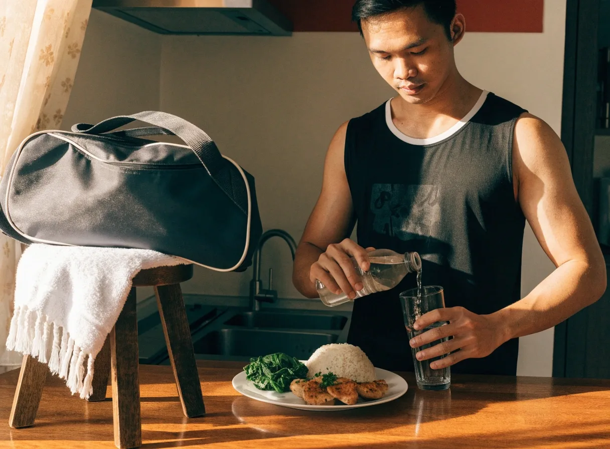 Hands lifting a rice cooker lid beside a bowl of eggs and tomato on a stone counter