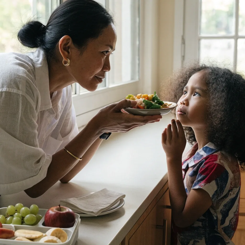 Two children eating rice, fruit, and eggs at a wooden family table while a parent pours water