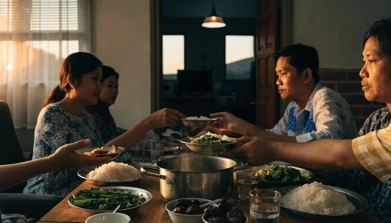 A shared family table at dusk with rice, vegetables, water and dates for an evening meal