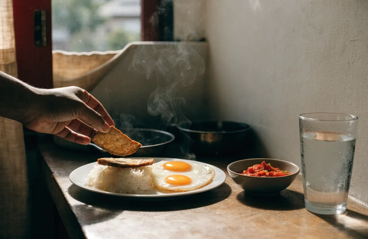 Two eggs and sliced tempeh plated beside rice on a stone counter in morning light