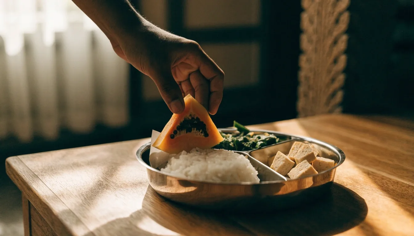 An opened tiffin with rice, greens and tempeh on a low table in warm afternoon light, a hand reaching to lift a slice of fruit