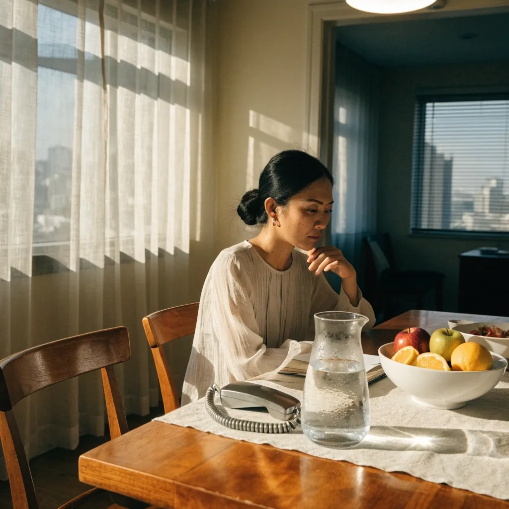 A writing desk with an open folder, a handset telephone and a glass of water in noon light