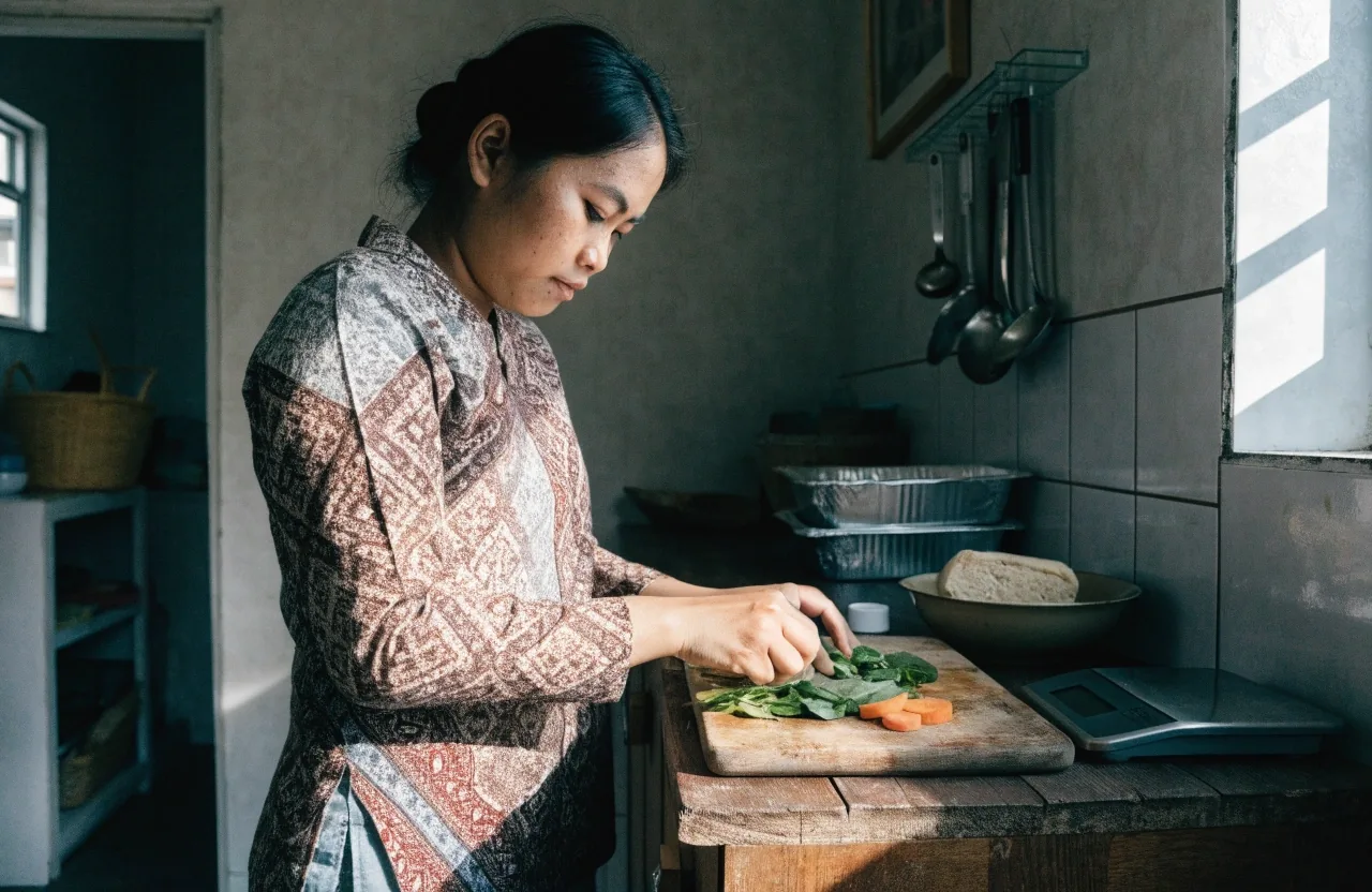 Hands writing in a notebook beside fresh vegetables and a kitchen scale